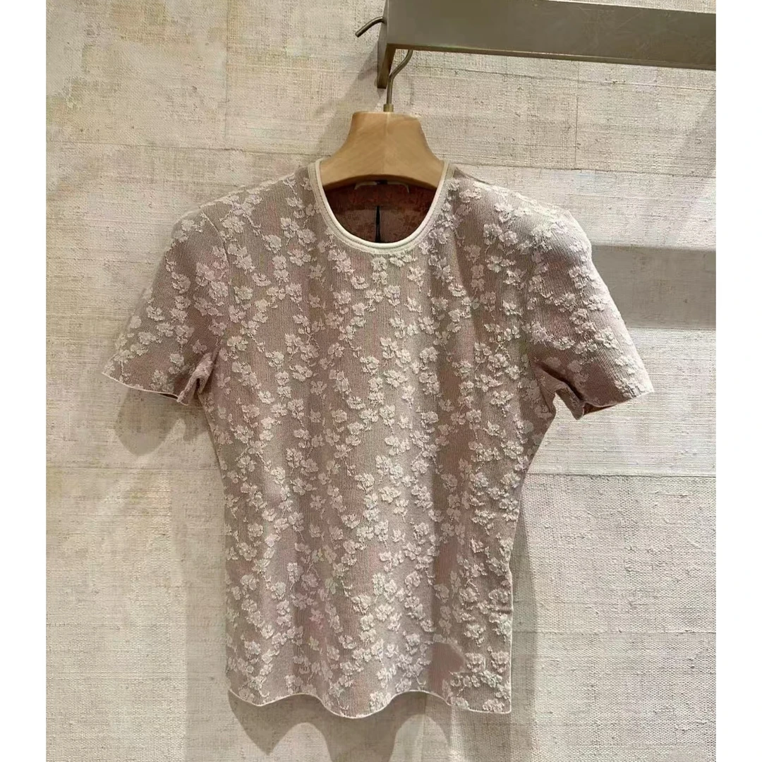 FL514 藤蔓提花撞色蕾丝针织短袖