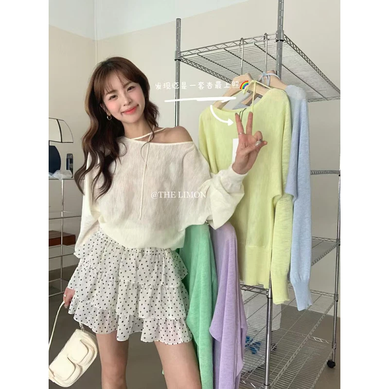 “小心机穿搭”慵懒感斜肩针织衫带绑带春夏韩系露肩T恤