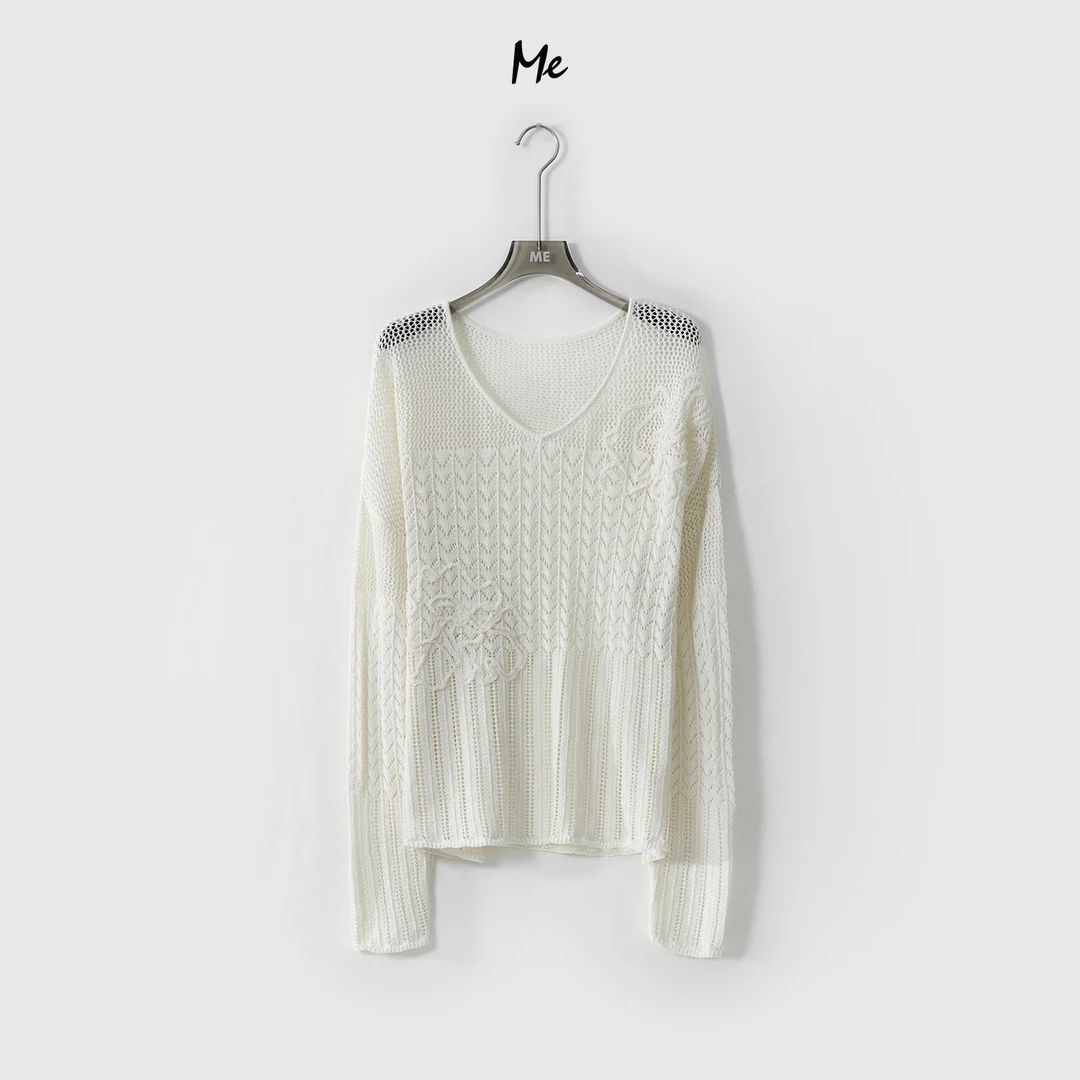 ME【旧日浮花】亚麻混纺重工刺绣呼吸感显瘦时尚百搭针织衫MESS1264