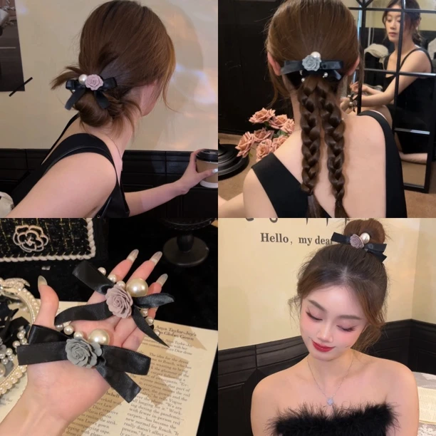 法式小香风玫瑰花发圈气质优雅高弹力钉珠头绳绑头发发绳皮筋