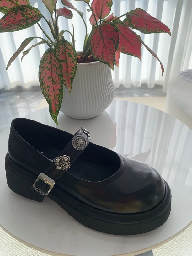 玛丽珍手工松高底拉带金属扣件圆头瓢鞋时尚百搭春季学院风