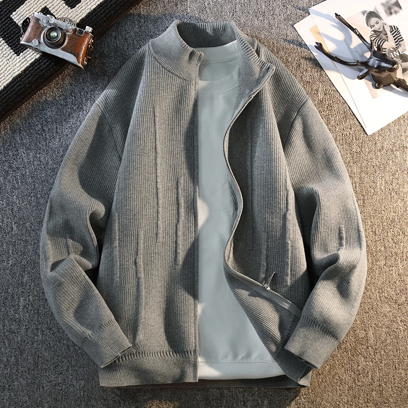 侨迪蒙拉潮牌肌理感秋季开衫外套男纯色立领针织衫夹克加厚毛衣