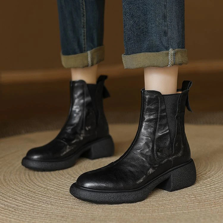 小个子粗跟厚底切尔西靴粗跟中跟马丁靴真皮秋冬新款百搭瘦瘦靴女