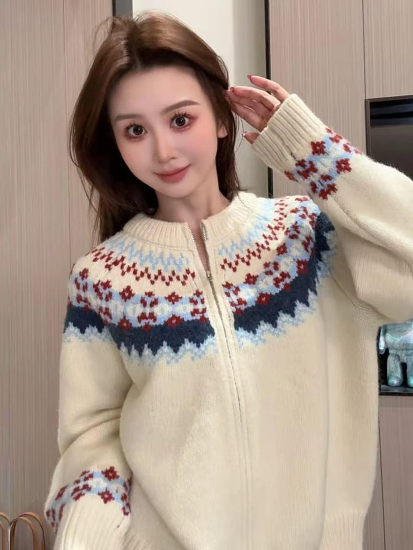 复古费尔岛提花圆领毛衣外套女款秋冬慵懒风宽松休闲百搭针织开衫