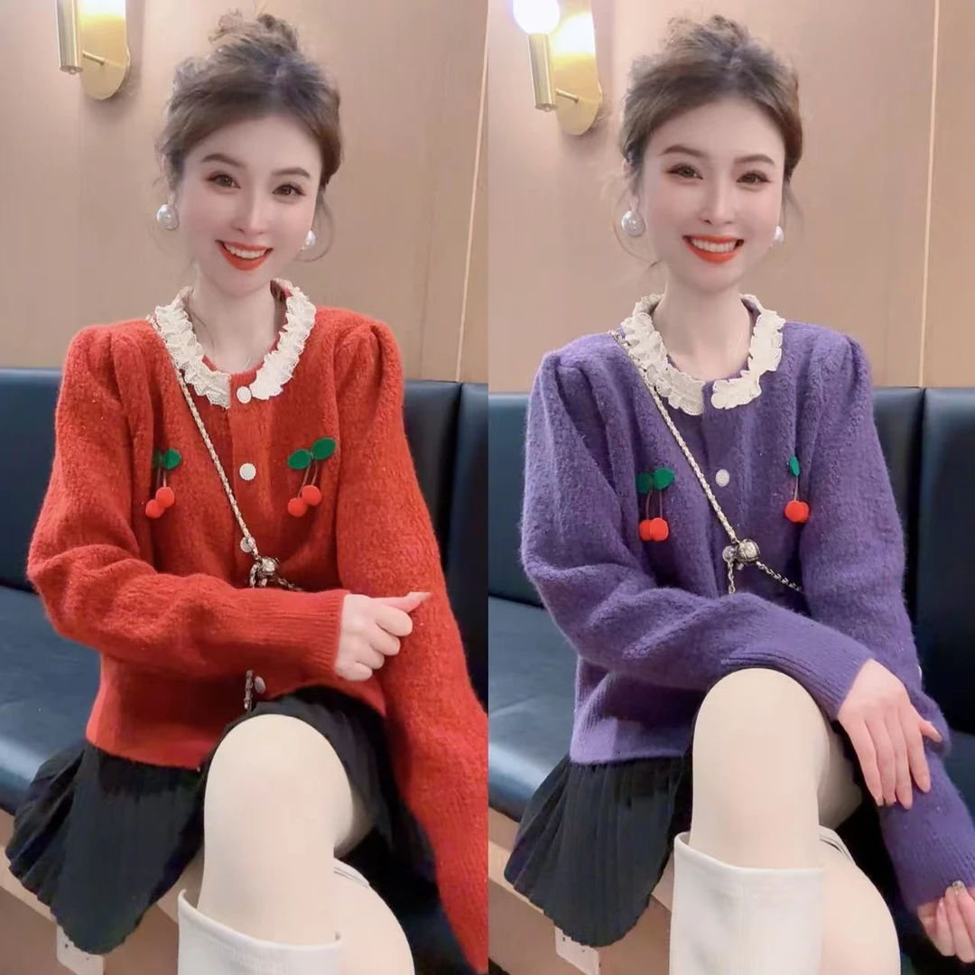 【月月专属】樱桃聚会 圆领设计感百搭毛衣XXJ-YG00928