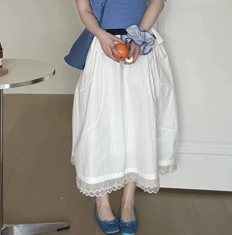 2025春款韩版宽松休闲百搭松紧腰拼接花边半身裙女百搭显瘦中长裙