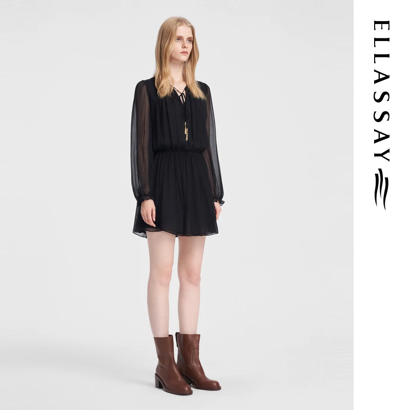 【静奢风】ELLASSAY歌力思夏季木耳袖边桑蚕丝连衣裙EWB352Y03200