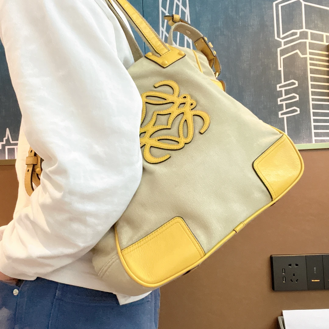 95新 LOEWE/罗意威 【龙】06 0431麻面拼亮橙单肩斜挎包