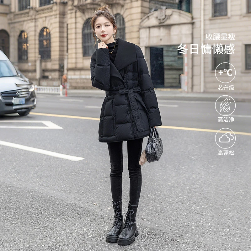 丝柏舍2025冬季新款女装90绒纯色翻领中长款羽绒服S54B2453Y