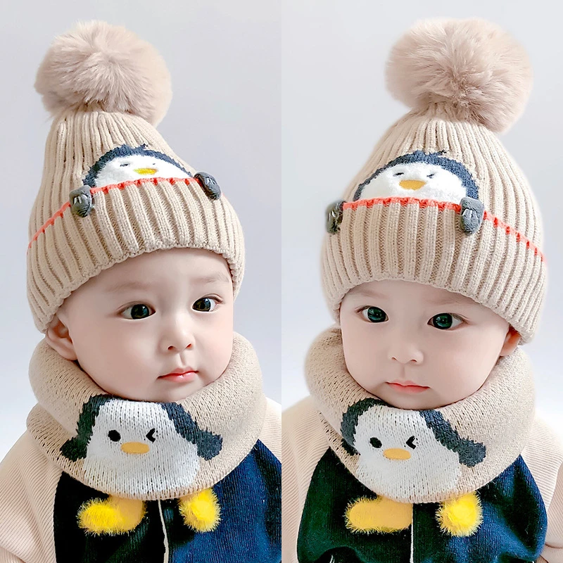卡通企鹅儿童针织帽冬季新款儿童帽子婴儿保暖围脖套装宝宝毛线帽