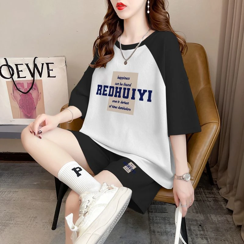 休闲纯棉百搭运动套装女夏季2025新款韩版拼色短袖T恤+短裤两件套