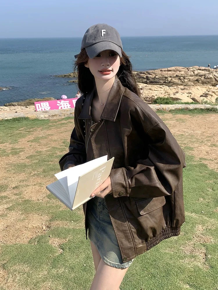高级皮衣外套女短款2025春秋新款美式复古风宽松休闲百搭夹克上衣