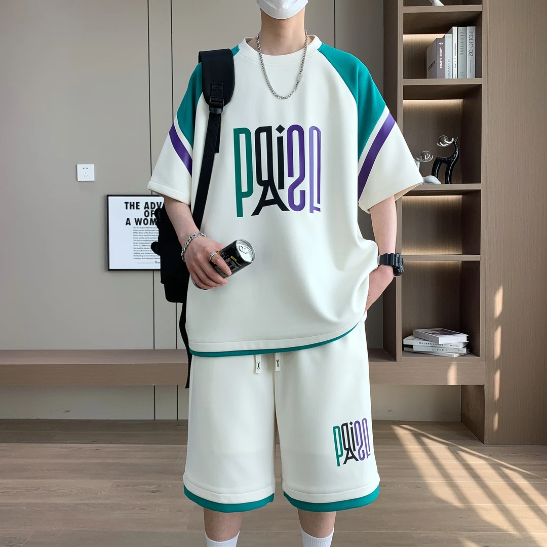 青少年男生短袖t恤圆领2025夏季宽松半袖休闲套装男孩运动两件套