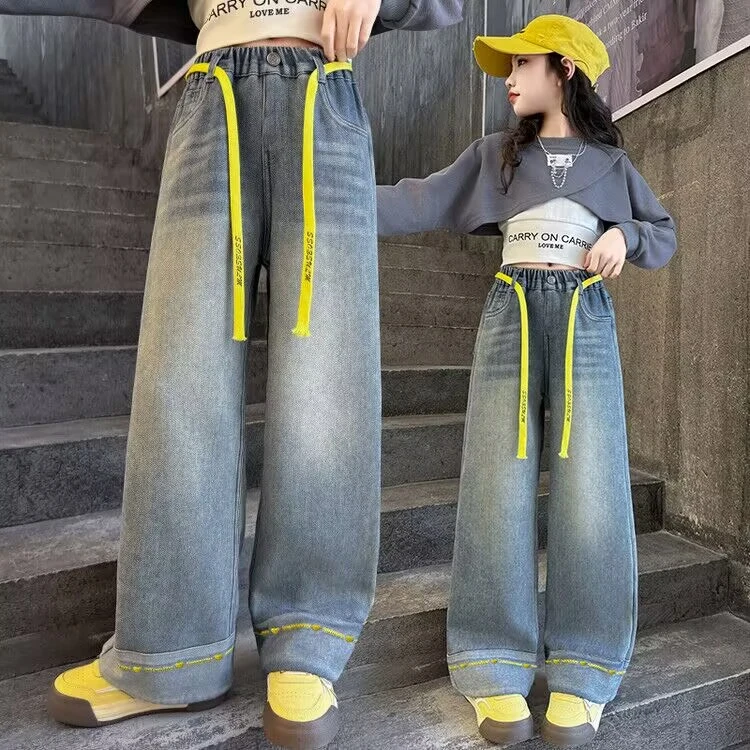 女童春秋新款宽松舒适长裤复古网红中大童高腰韩版直筒裤阔腿裤