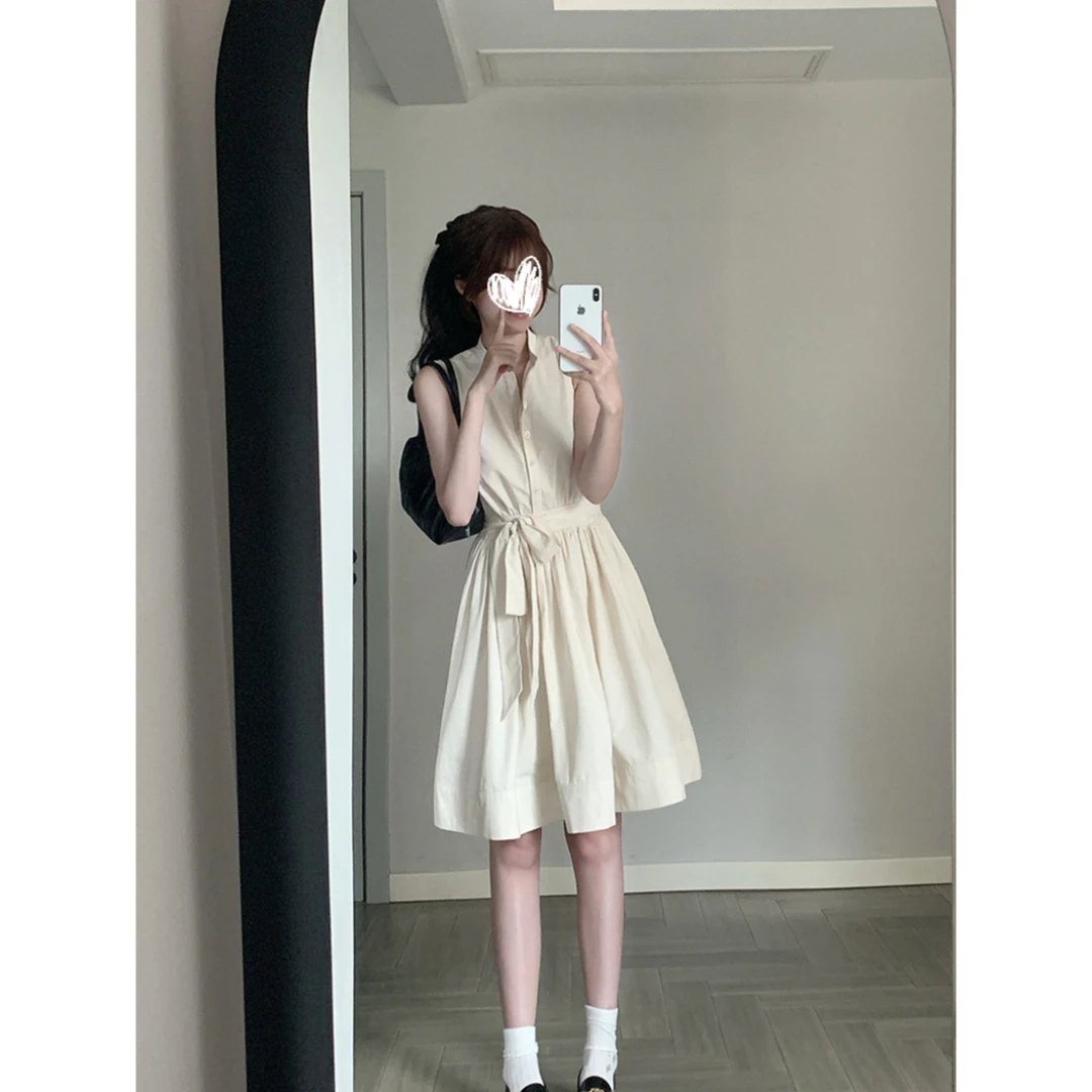 京都贵女夏季新款纯欲慵懒风女装立领背心裙蝴蝶结系带裙子连衣裙