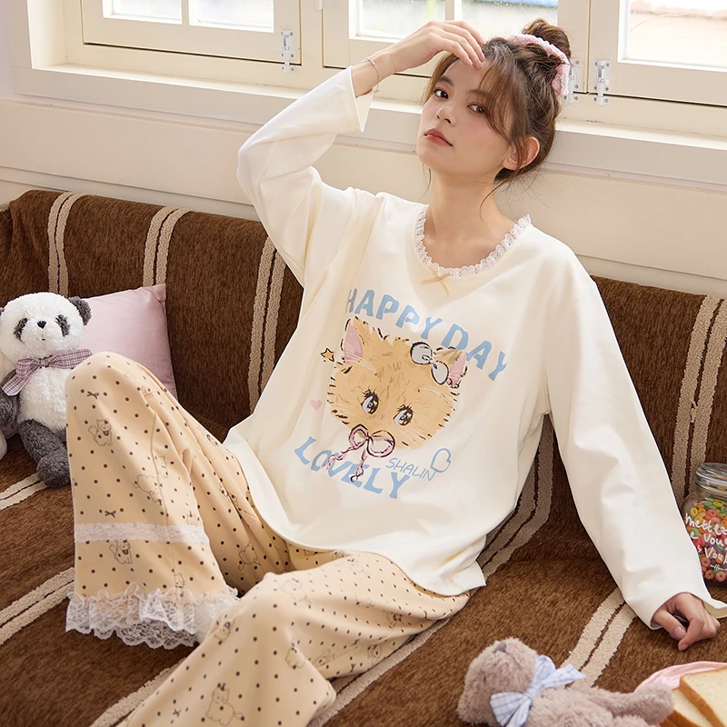 睡衣女春秋长袖长裤带胸垫纯棉休闲少女可外穿女士家居服套装秋季
