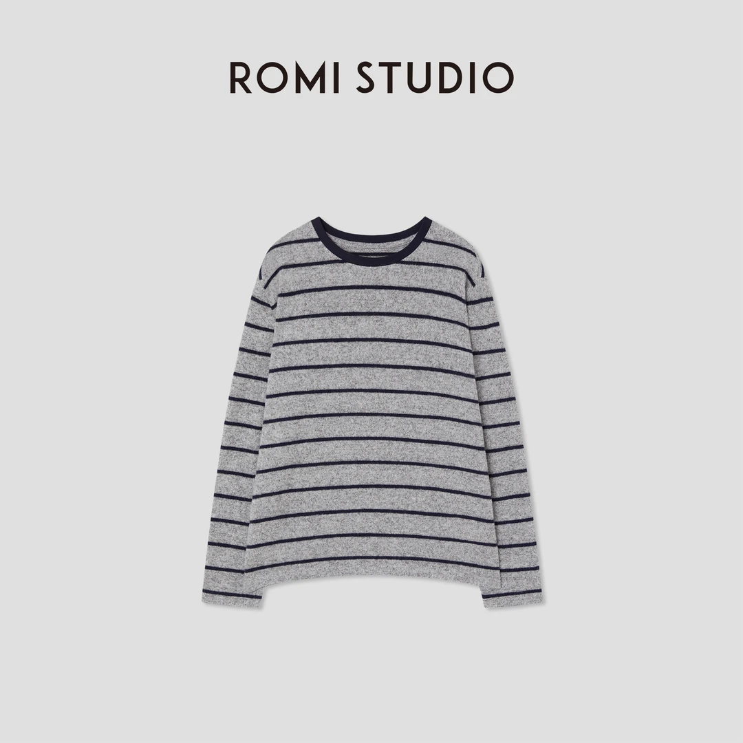 ROMI STUDIO“复古松弛”蓝灰条纹磨毛绒感圆领长袖T恤 RWCSS41511