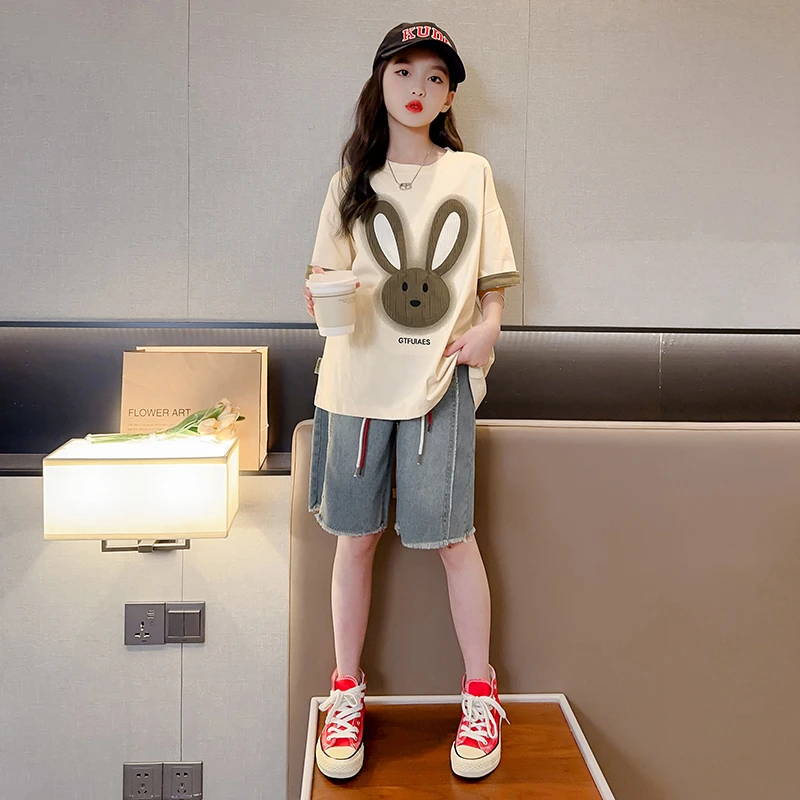 女童套装夏装2025新款T恤牛仔短裤两件套中大童时尚学生夏季儿童