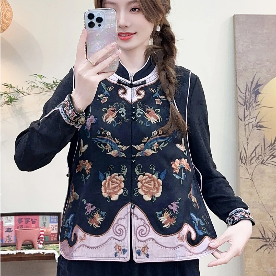 [艺美]（墨染轩）春款民族风复古重工刺绣缎面马甲中式坎肩马夹国风