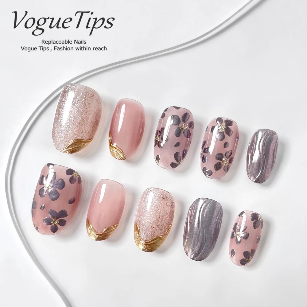 VogueTips 金梢花意ins风穿戴甲暗粉银花显白手工美甲片短圆ZB612