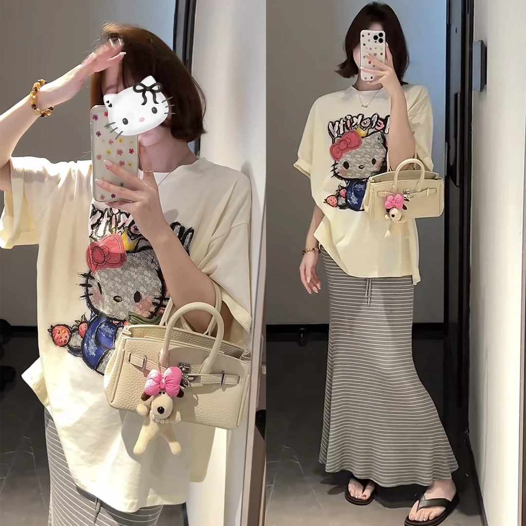 云朵kitty屋~减龄卡通印花宽松T恤条纹松紧腰弹力鱼尾半裙#9220