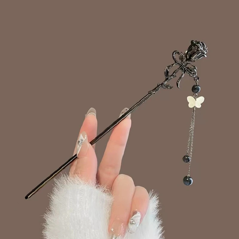 新中式玫瑰花流苏发簪后脑勺盘发簪子女古风发钗旗袍汉服百搭发饰