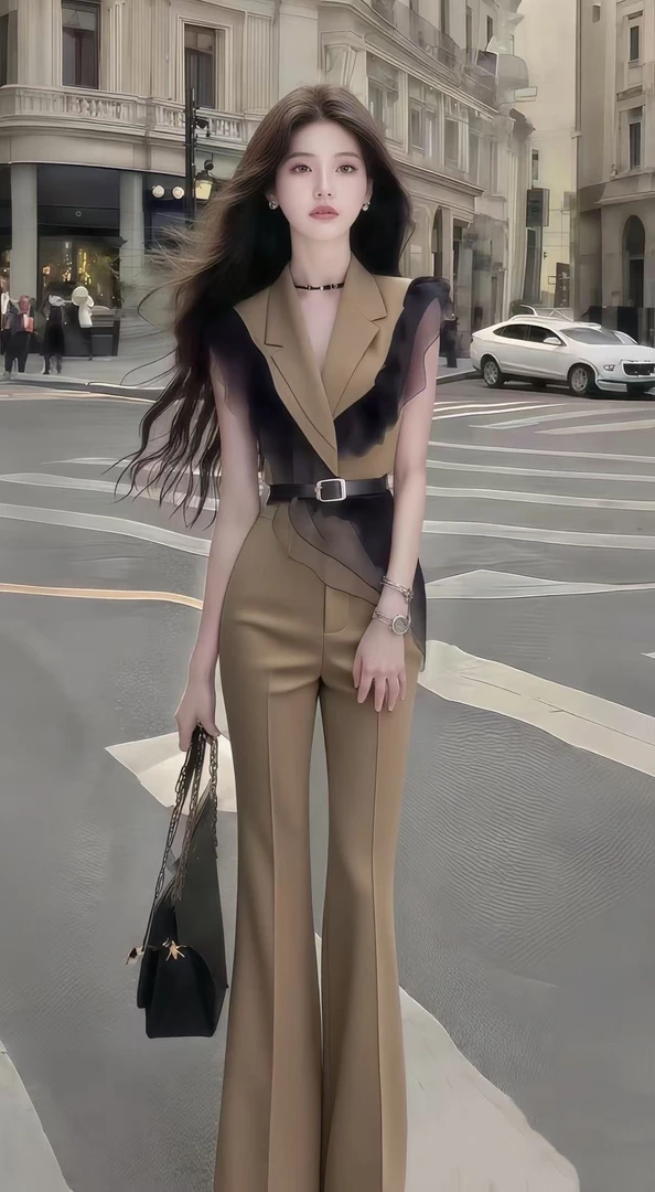 时尚新款无袖V领修身收腰上衣+百搭显瘦长裤女高级卡其色两件套