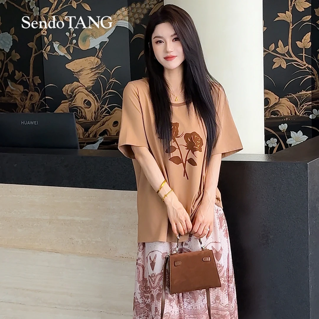 现货百搭通勤【玫瑰花】胖多女装夏季新款休闲宽松百搭短袖上衣