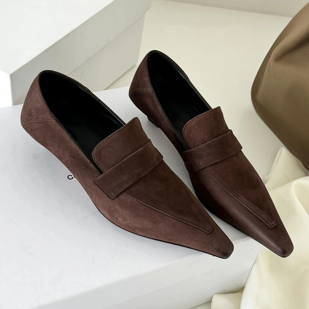 2024年新款英伦乐福鞋尖头百搭复古棕色一脚蹬小皮鞋女猫跟单鞋女