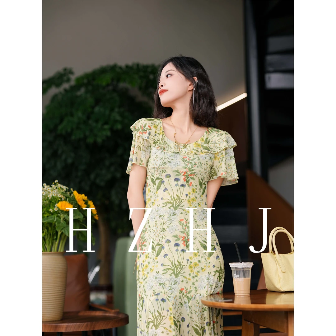 HZHJ新款原创设计 翠绿田园 鱼尾连衣裙短袖花卉法式洋气款399