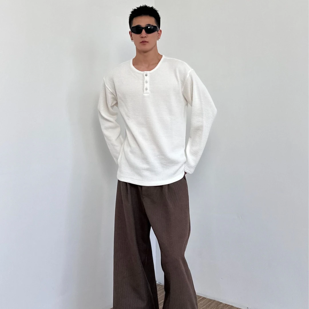 韩系华夫格Henley亨利领长袖复古休闲基础百搭轻薄打底简约氛围感