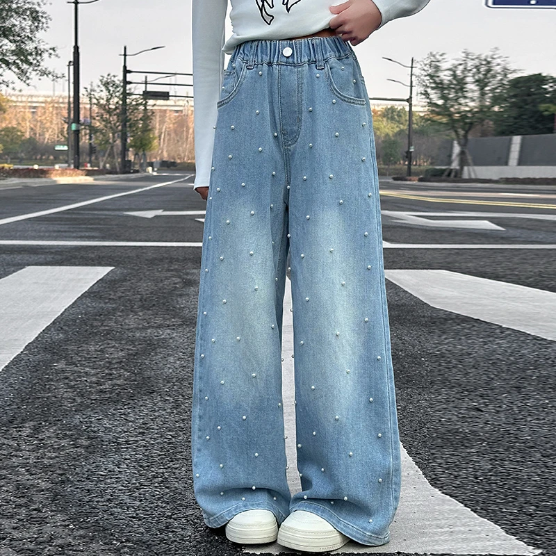 女童牛仔裤春装阔腿儿童洋气韩版宽松直筒休闲长裤中大童时髦百搭