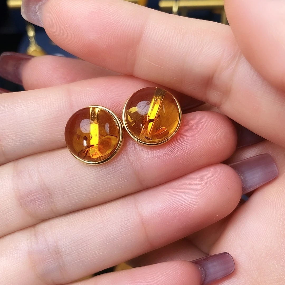 琥珀（花珀）银S925镀金镶嵌耳饰