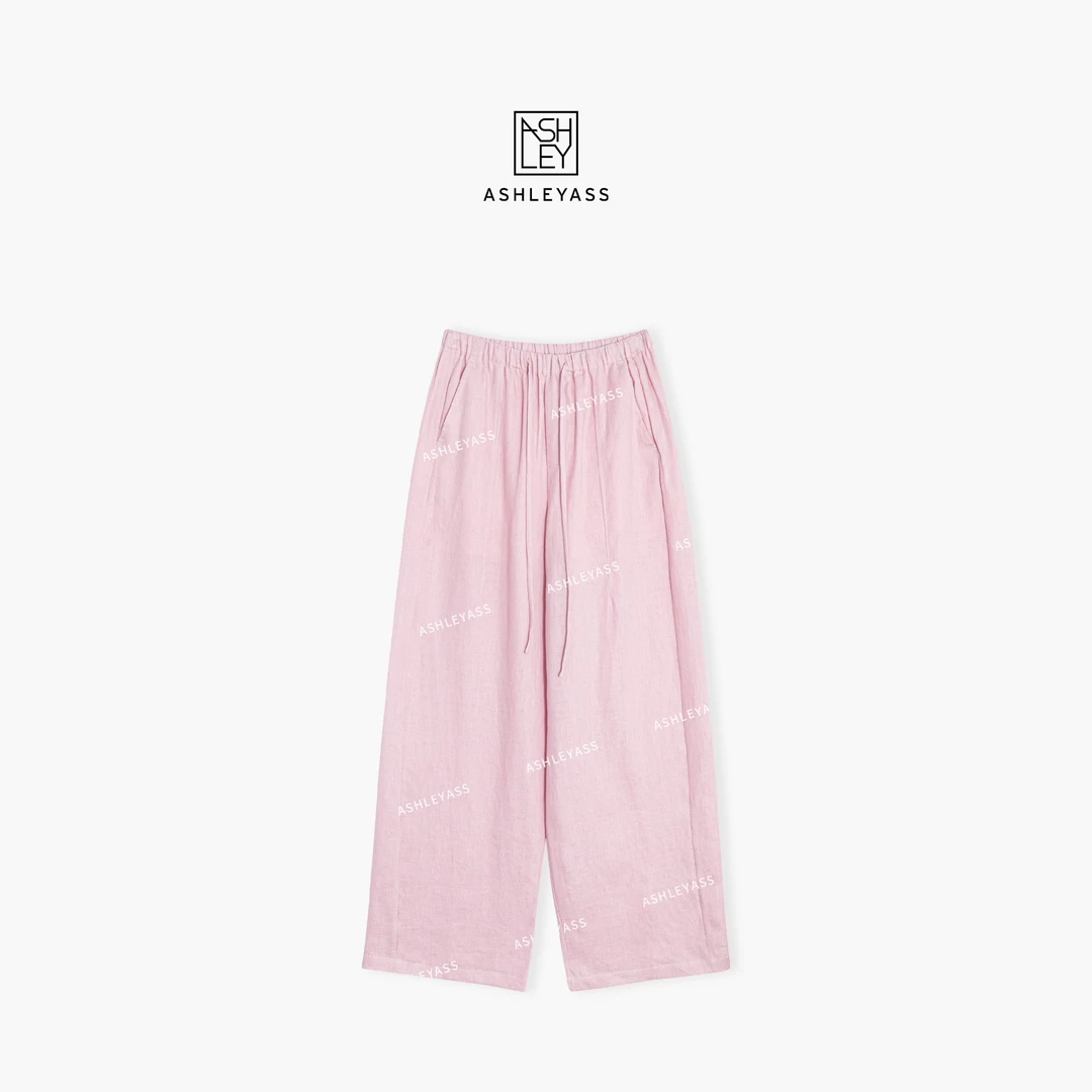 【ASHLEYASS】“落樱粉裤”质感极简设计宽松亚麻休闲裤LSK250510C