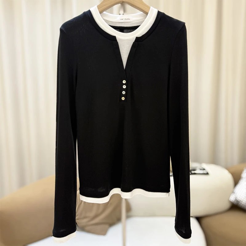 zaw大码体感舒服面膜T恤女显瘦内搭打底衫胖mm假两件上衣秋/25378
