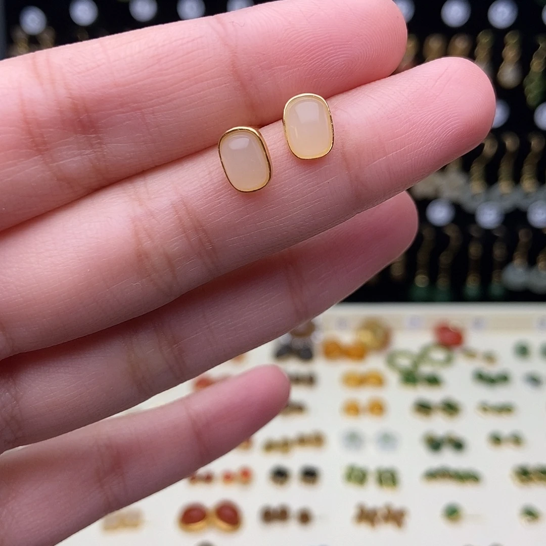 和田玉银S925镀金镶嵌耳饰