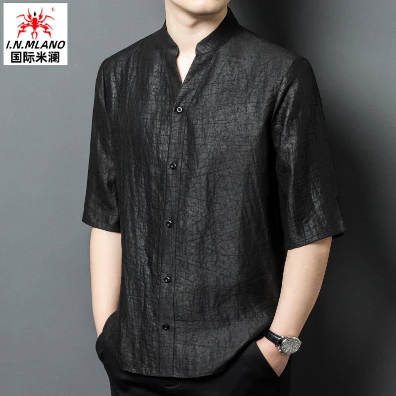 真丝香云纱龟裂纹中式唐装立领宽松休闲100%桑蚕丝中老年半袖衬衣