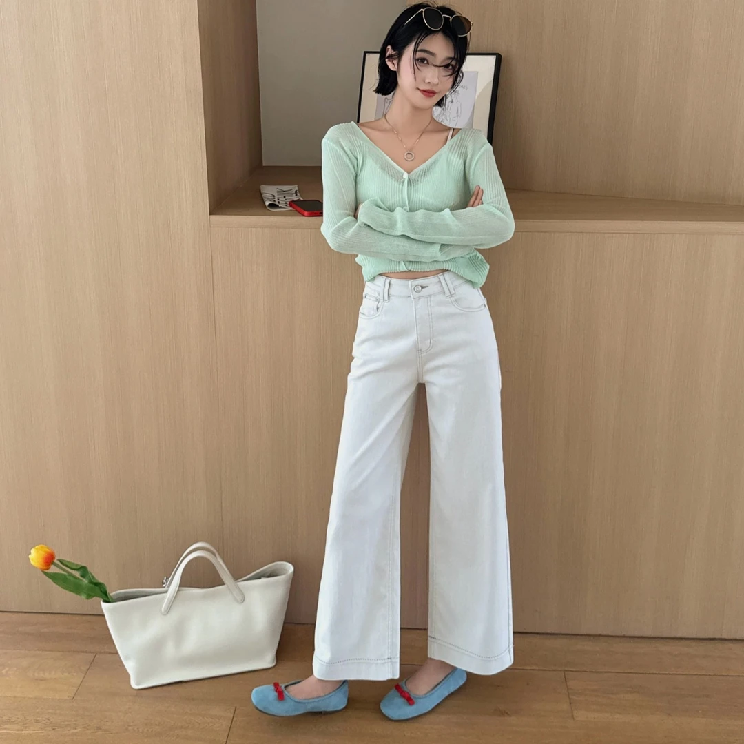 MoLan春夏季新款宽松时尚百搭阔腿直筒女士牛仔裤白色九分奶奶裤