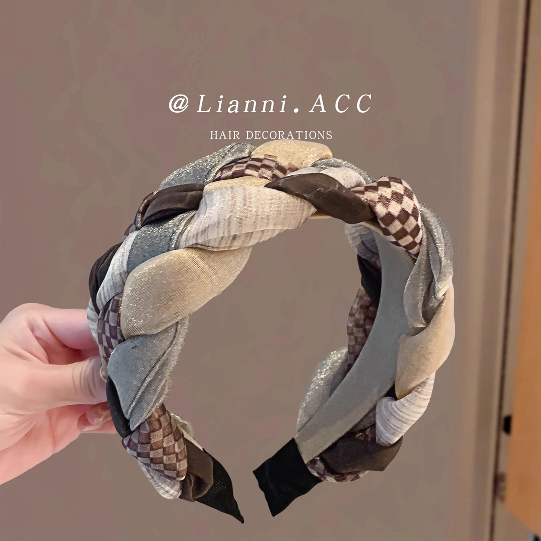 小香风显脸小发箍女韩版复古网纱撞色编织麻花辫宽边头箍发卡头饰