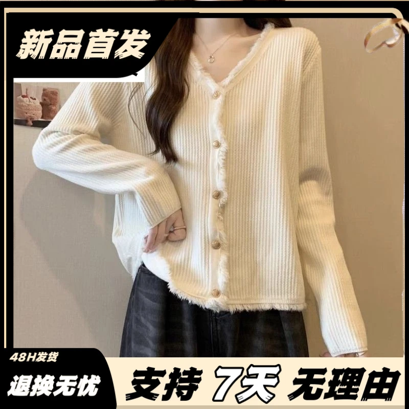 秋季新款梵乐芬法式小香风V领毛衣外套女2025春秋大码设计感显瘦