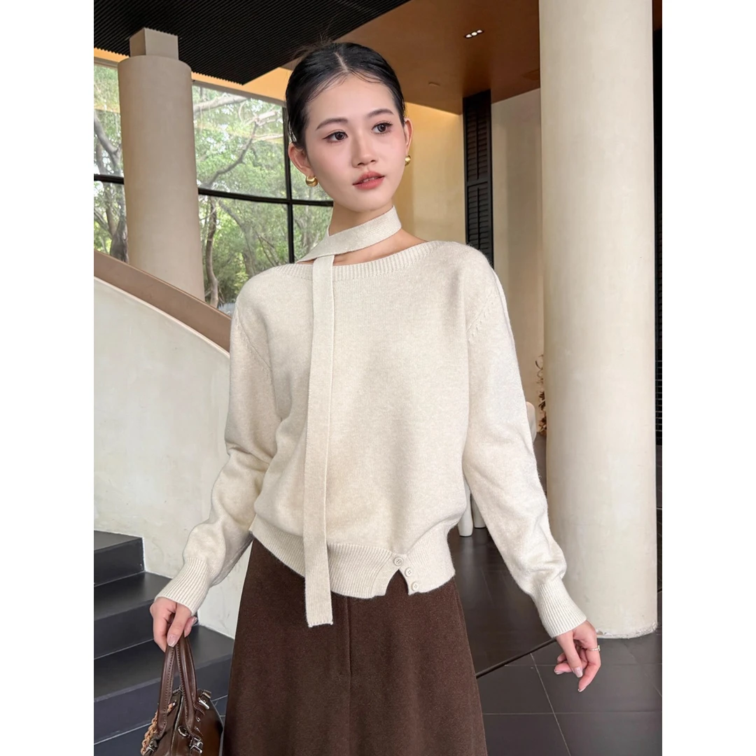 外穿毛衣女款2025新款秋冬设计感飘带长袖针织内搭打底衫开叉上衣