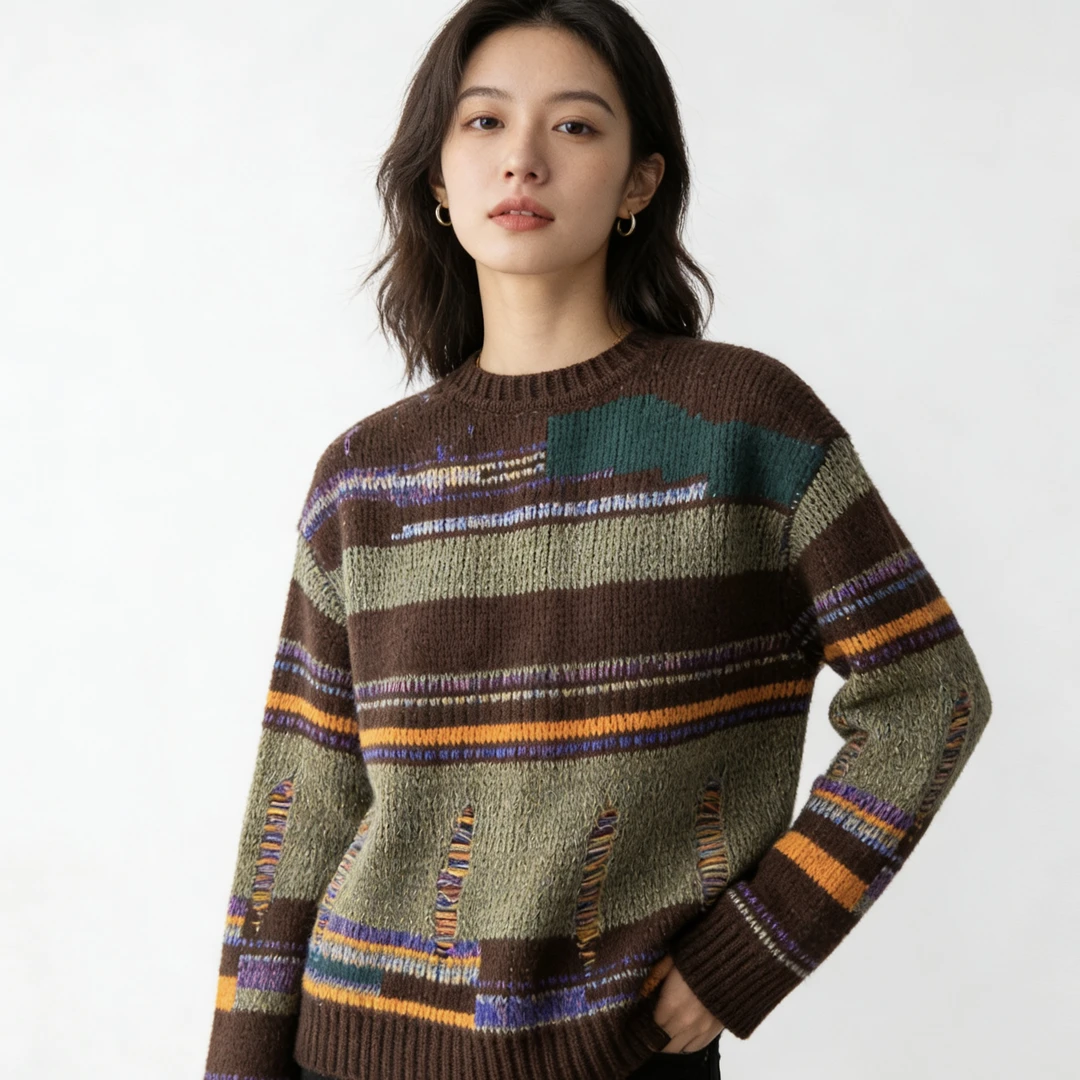 时尚复古拼色软糯加厚羊毛圆领针织开衫上衣外套女6691