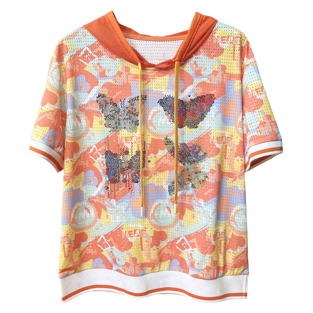 【 四只蝴蝶-连帽T恤 】原创潮牌女夏季轻奢透气减龄宽松款轻薄烫钻