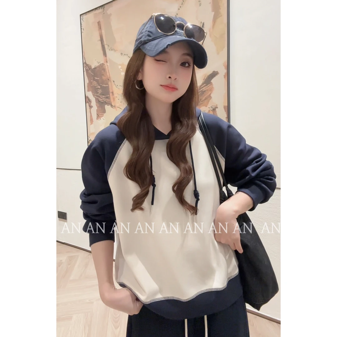 C08499秋季新款休闲风简约宽松百搭套头撞色插肩袖连帽卫衣