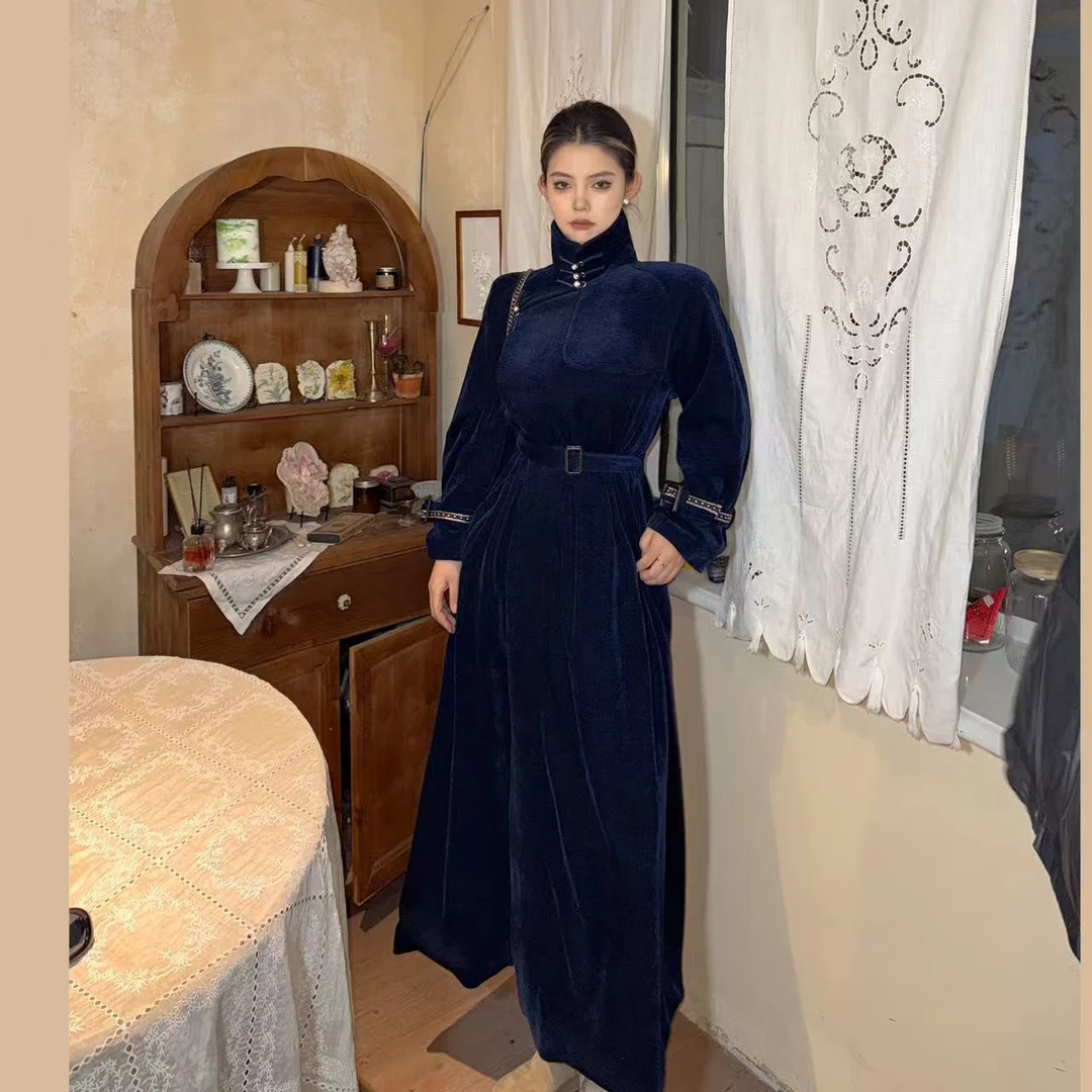 【大树蒙古袍】春季新款条绒深蓝色设计款长款风衣时尚蒙氏