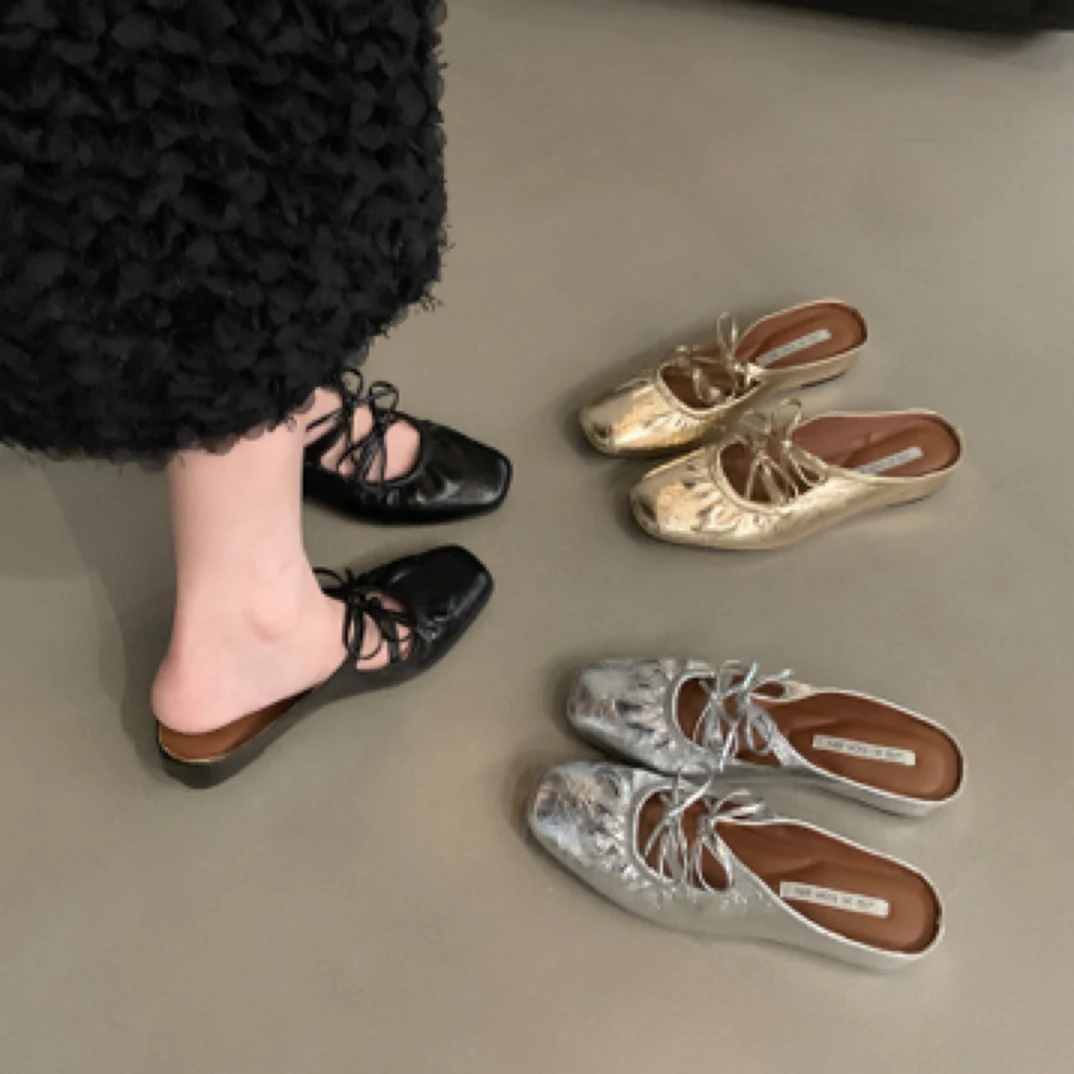 内增高蝴蝶结银色包头半拖女鞋子时尚外穿2025新款夏季玛丽珍凉鞋