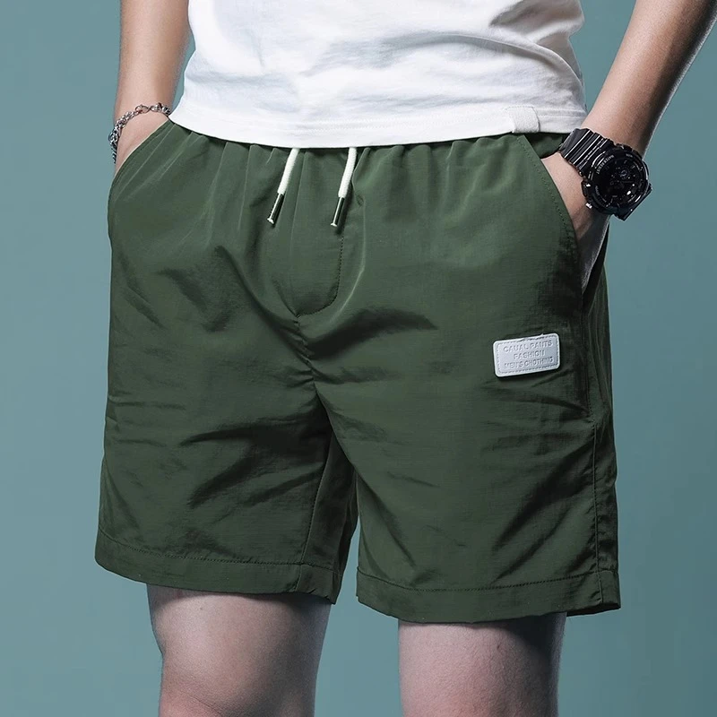 GS绿色休闲短裤男宽松紧腰运动五分裤夏季冰丝薄款男士速干四分裤