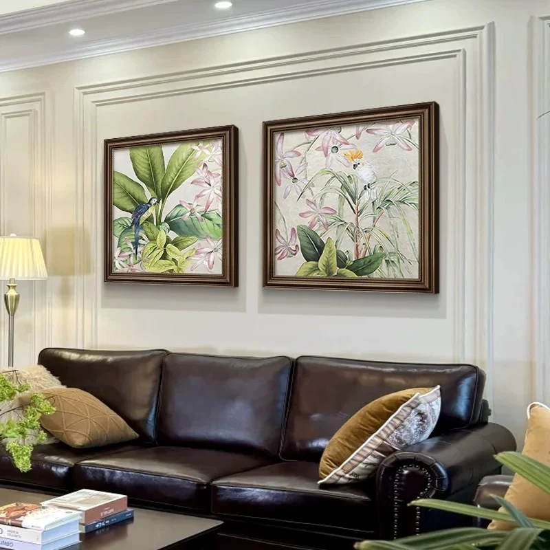 C美式卧室床头装饰画复古房间背景墙挂画喜上眉梢花鸟两联5050