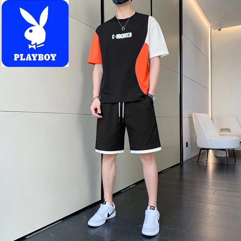 花花公子2025新款短袖T恤休闲运动套装春夏季一套搭配帅气男装两