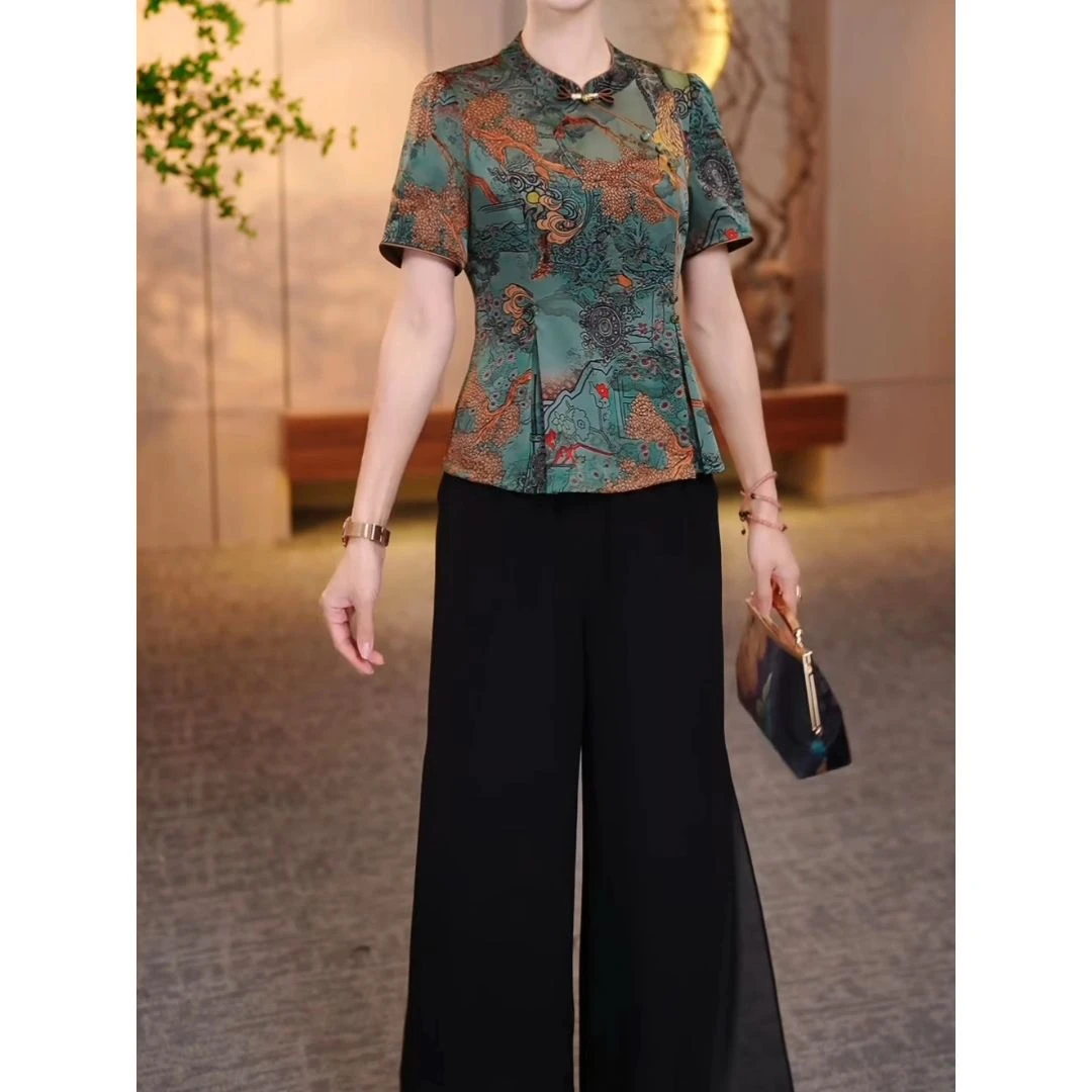 哥弟阿玛施正品新中式国风短袖套装女2025夏季新款中年妈妈旗袍小